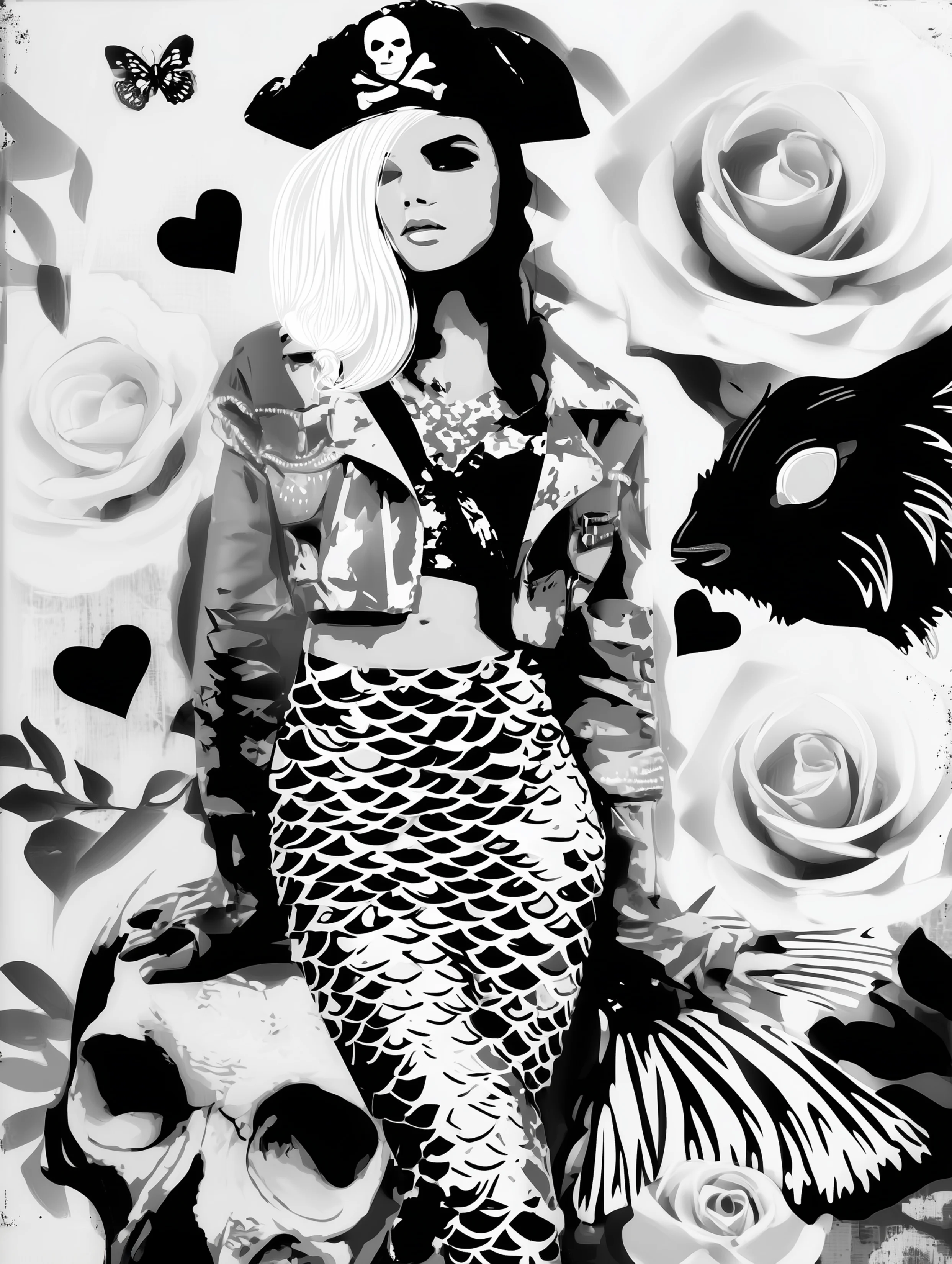 Free printable mermaid coloring page for adults featuring pirate hat mermaid